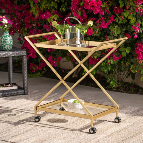 Powder Coated Iron And Glass Bar Cart, Gold