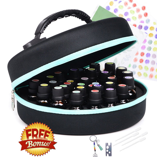 Essential Oil Carrying Organizer (Carry Handle On Top) Storage Small and Refined Round for 32 Small Bottle Box/Roller Bottles for 5ml 10ml 15ml 20ml with Free Writable Labels Opener