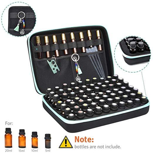Beschan 70 Essential Oil Holder Traveling Carrying Case Storage Box Hard Shell Dense Foam writable Labels Opener Holds 20/15/10/5 ml Aromatherapy Bottles Roller Bottles