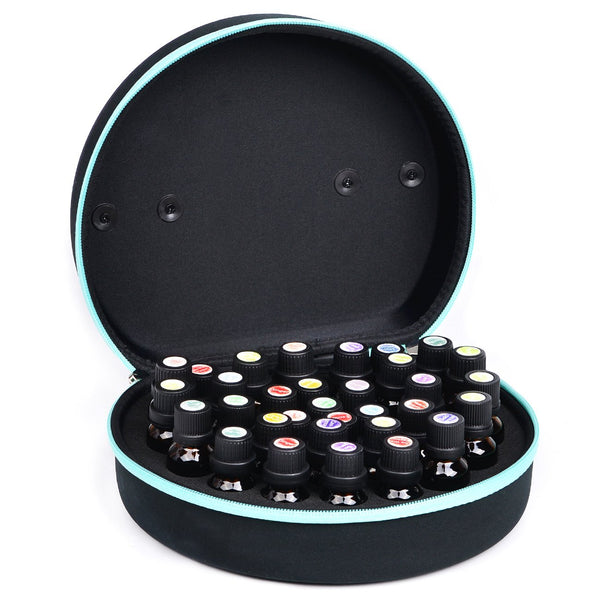 Essential Oil Carrying Organizer (Carry Handle On Top) Storage Small and Refined Round for 32 Small Bottle Box/Roller Bottles for 5ml 10ml 15ml 20ml with Free Writable Labels Opener