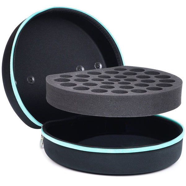 Essential Oil Carrying Organizer (Carry Handle On Top) Storage Small and Refined Round for 32 Small Bottle Box/Roller Bottles for 5ml 10ml 15ml 20ml with Free Writable Labels Opener