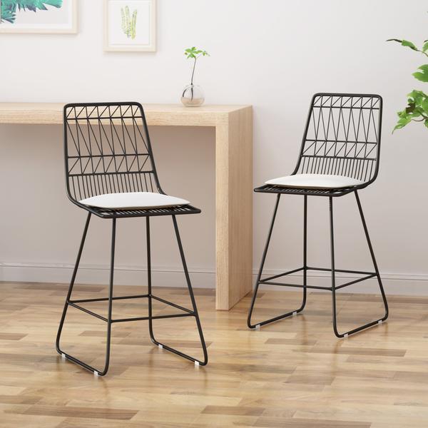 Counter Stools, 26" Seats, Modern, Geometric, Black Iron Frames With Ivory Cushion (Set Of 2)