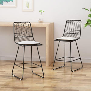 Counter Stools, 26" Seats, Modern, Geometric, Black Iron Frames With Ivory Cushion (Set Of 2)