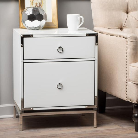 Penelope White Glass 2 Drawer Bedside Table