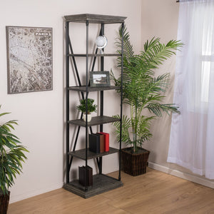 5-Shelf Industrial Dark Grey Wood Bookshelf