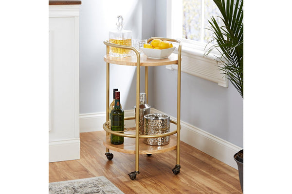 Rolling Round 2-Tier Gold Finish Bar Cart