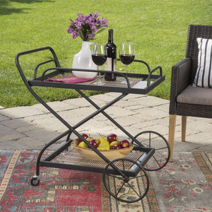 raditional Black Powder Coated Iron Bar Cart With Tempered Shelves